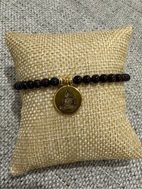 Garnet Stone Beaded Bracelet Gold Buddha Charm | Spiritual Boho Yoga Layering